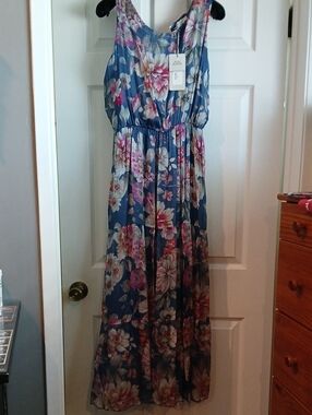 LARA G. Blue Floral Silk-Blend Dress with Pink & Cream Blooms